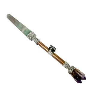 Handmade Amethyst Crystal Wand Purple Green Fluorite Tower Silver Copper Rod